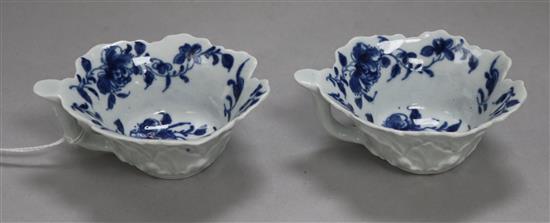 A pair of Worcester geranium leaf butter boats, decorated with the Butter Boat Mansfield pattern, c.1758-1760, 8.9cm long
